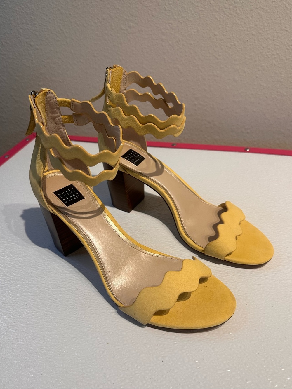White House Black Market | Yellow Scalloped Ankle-Strap Block Heel Sandals